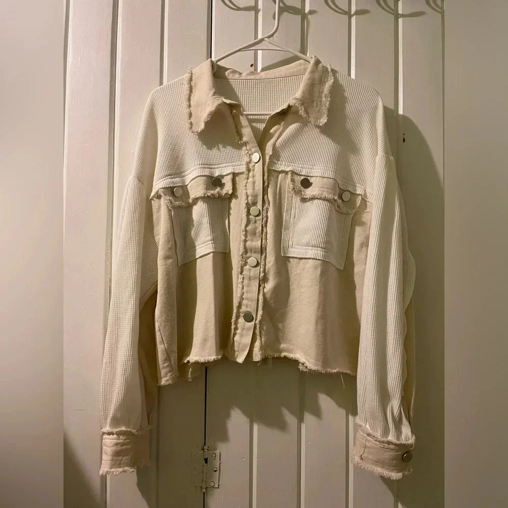 Cropped waffle knit boyfriend jacket-medium like new